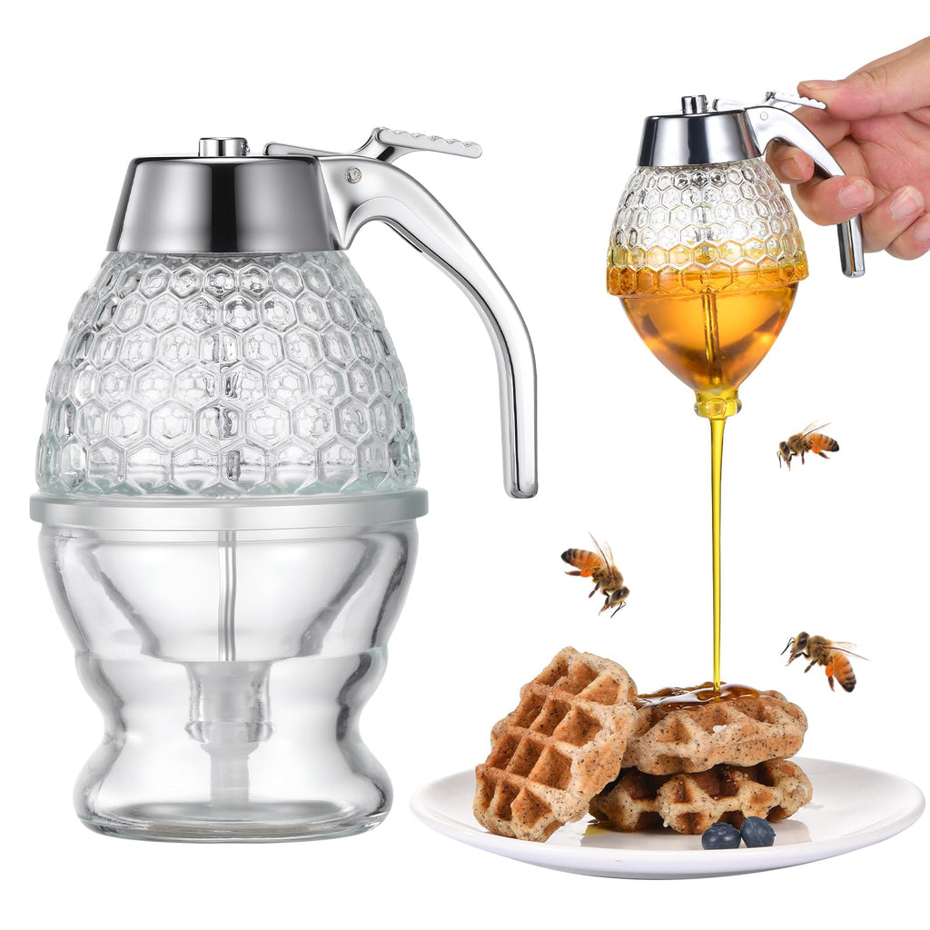 Honey Dispenser, 8oz Hunnibi Honey Container Dispenser No Drip Glass With Stand, Bee Container & Coffee Syrup Jar For Tea Time & Gifting, Elegant Comb Pot Bottle For Maple Syrup Bee