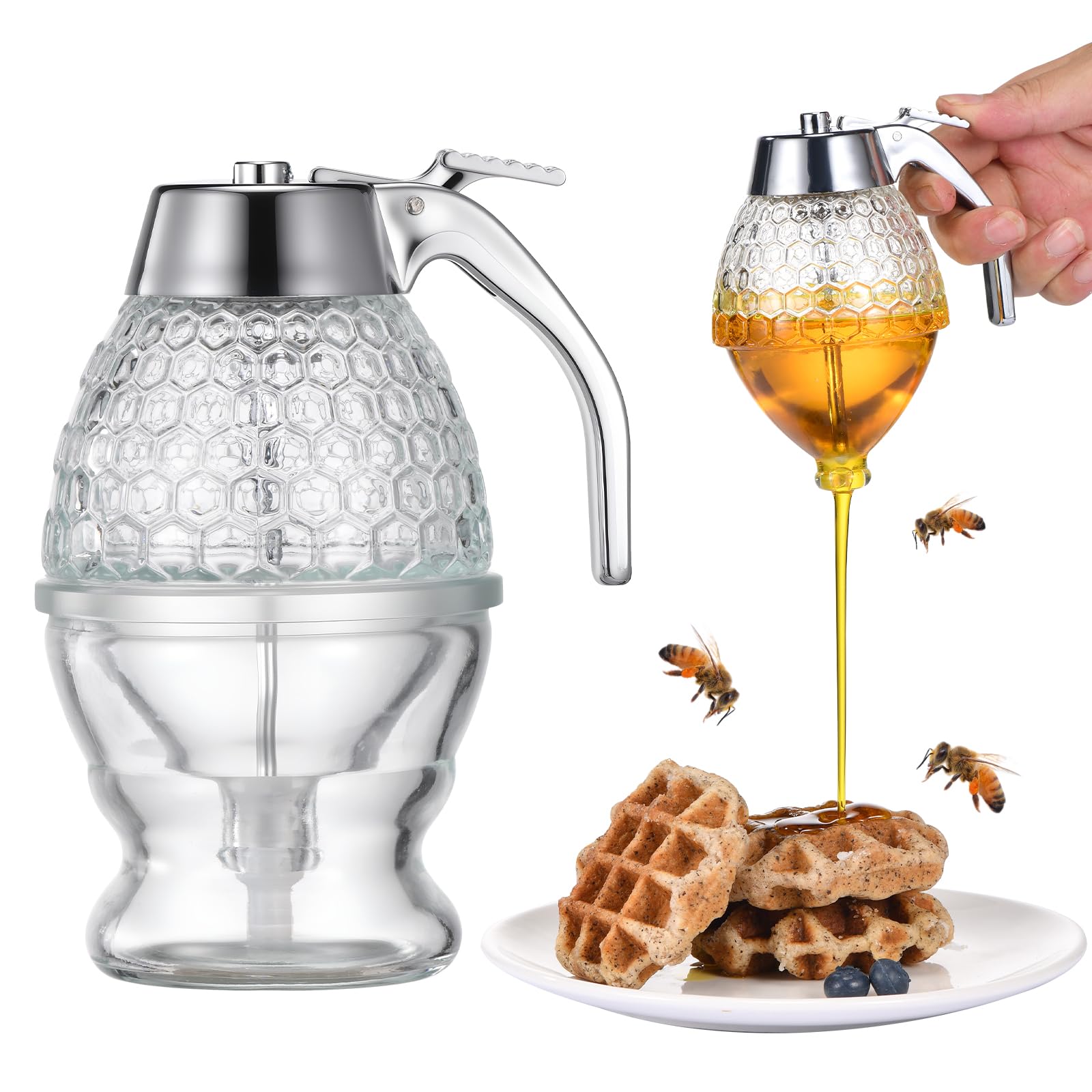 Honey Dispenser, 8oz Hunnibi Honey Container Dispenser No Drip Glass With Stand, Bee Container & Coffee Syrup Jar For Tea Time & Gifting, Elegant Comb Pot Bottle For Maple Syrup Bee