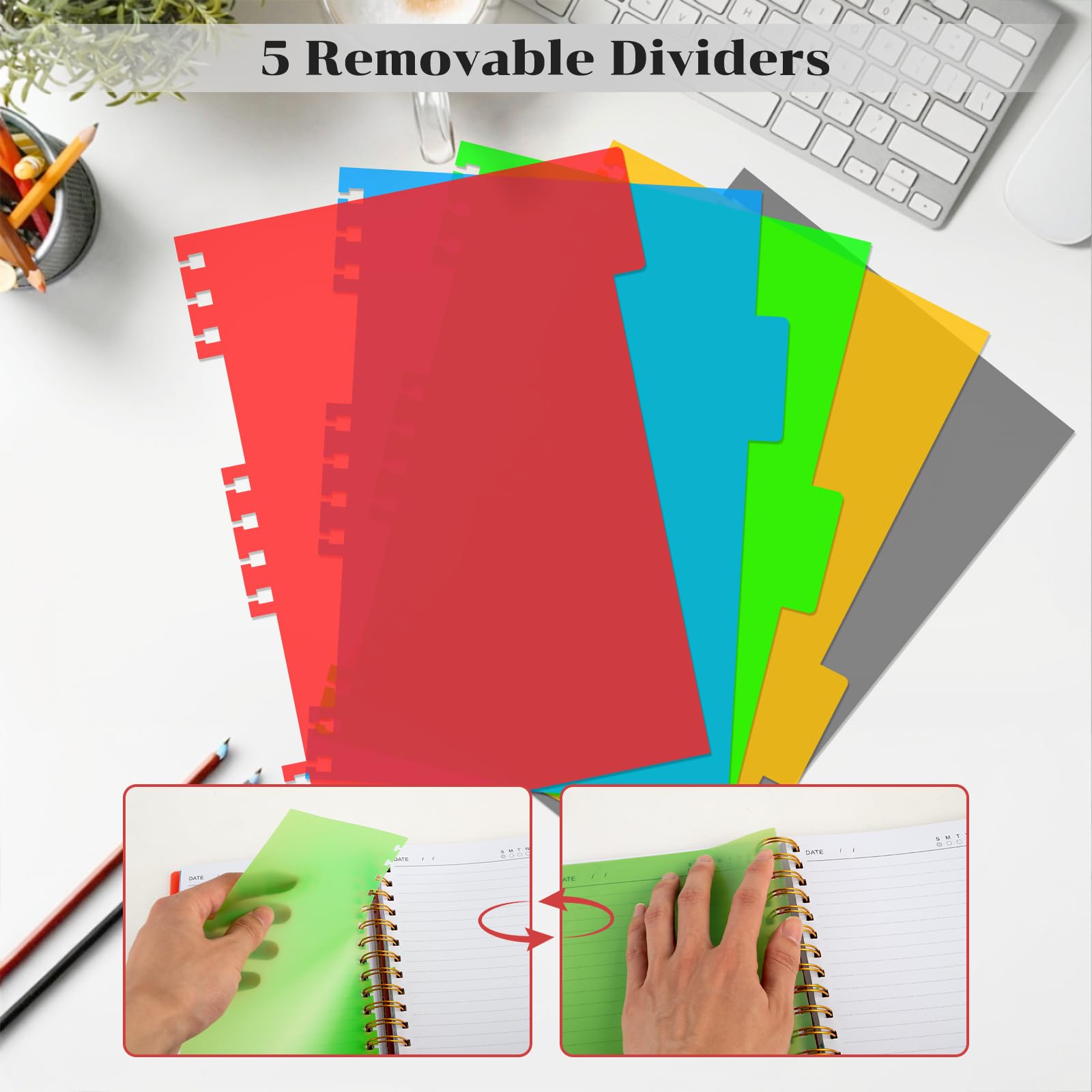 Spiral Notebook, A5 Size 5 Subject Notebooks College Ruled with Tabs and Removable Dividers, 300 Pages 100GSM Thick Spiral Ruled Lined Writing Journal Notebook for Work, School（6.2"x 8.5"）