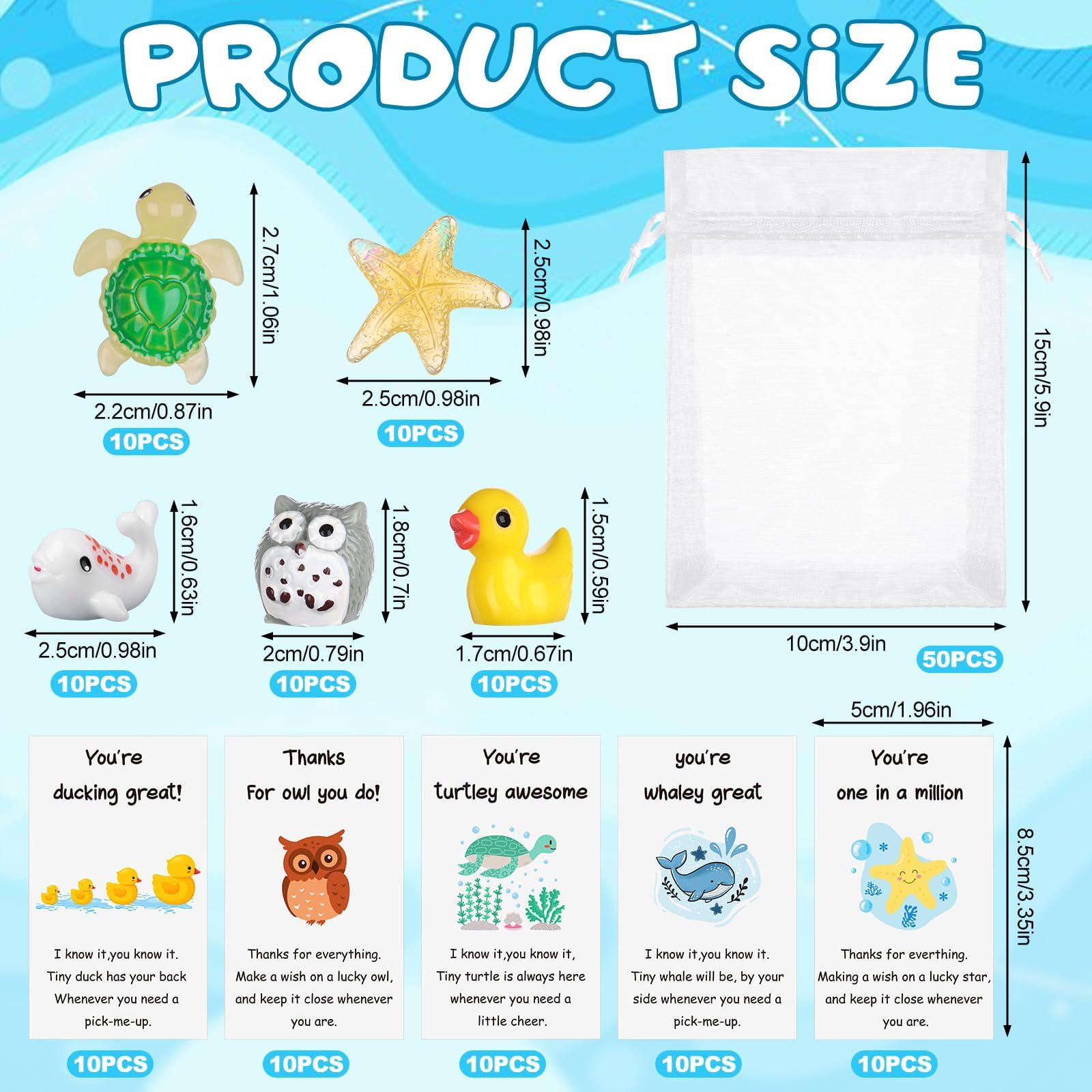 50 Set Mixed Animal Thank You Staff Gifts Employee Appreciation Gift Bulk for Coworkers Animal Pun Inspirational Note Cards Resin Ducks Stars Whales Turtles Owls Inspirational Gifts for Teacher Office