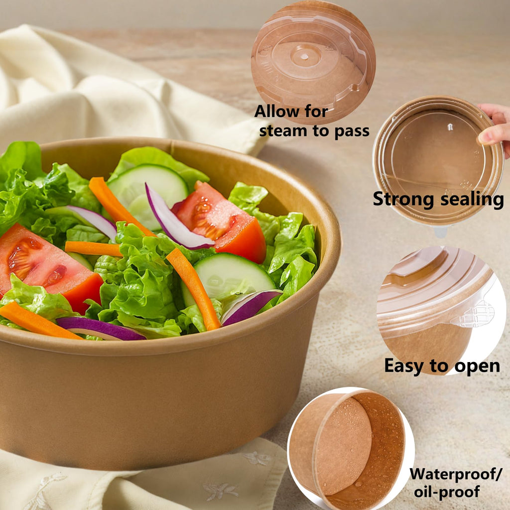 Lyellfe 50 Pack Kraft Paper Bowls with Lid, 25 Oz Disposable Soup Salad Serving Bowls, To Go Food Container for Party Dessert, Ice Cream, Yogurt, Microwave Freezer Safe