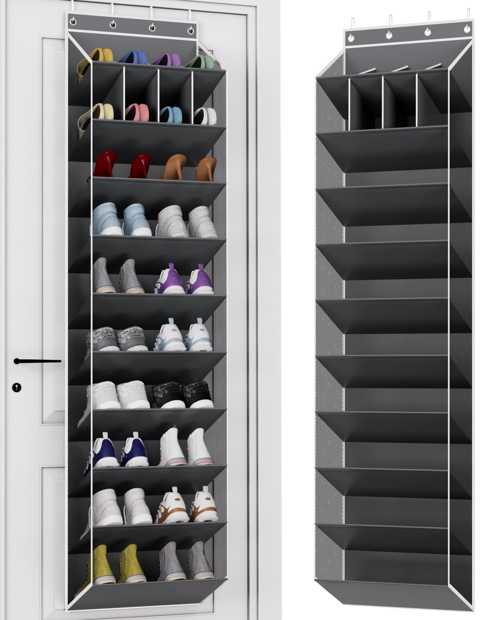 KYEVIS Over the Door Shoe Organizer, 10-Tier Hanging Shoe Rack for Closet with Deep Pockets, Space-Saving Storage Holds 20 Pairs for Sneakers, Boots (Grey)