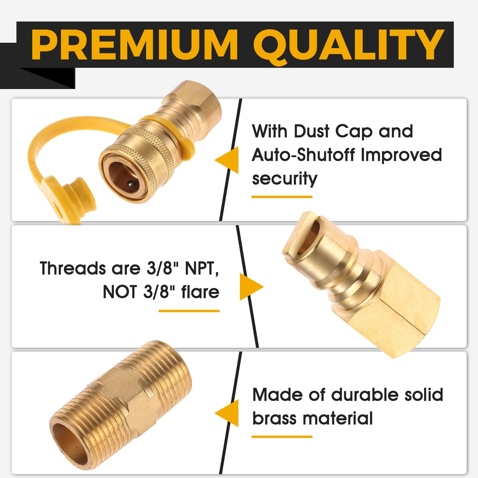 3/8 Inch Natural Gas Quick Connect Fittings, Natural and Propane Hose Quick Disconnect Kit 3/8” Male Pipe NPT Thread x 3/8” Female Pipe Thread for Low Pressure Propane Systems