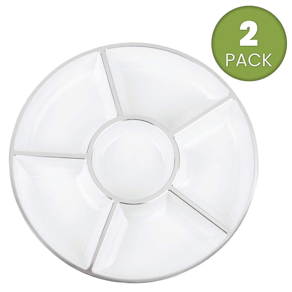 Plasticpro 6 Sectional Round Plastic Serving Tray/Platters White & Silver Pack of 2