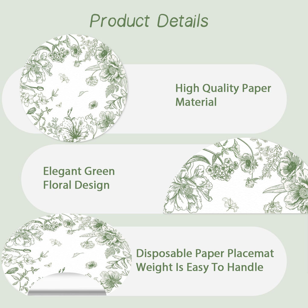 50 Pack Paper Placemats Disposable Green Floral Placemats 13.7 Inch Vintage Sage Green Flower Place Mats Chinoiserie Round Table Mats for Dinner Table Setting Birthday Wedding Party Supplies