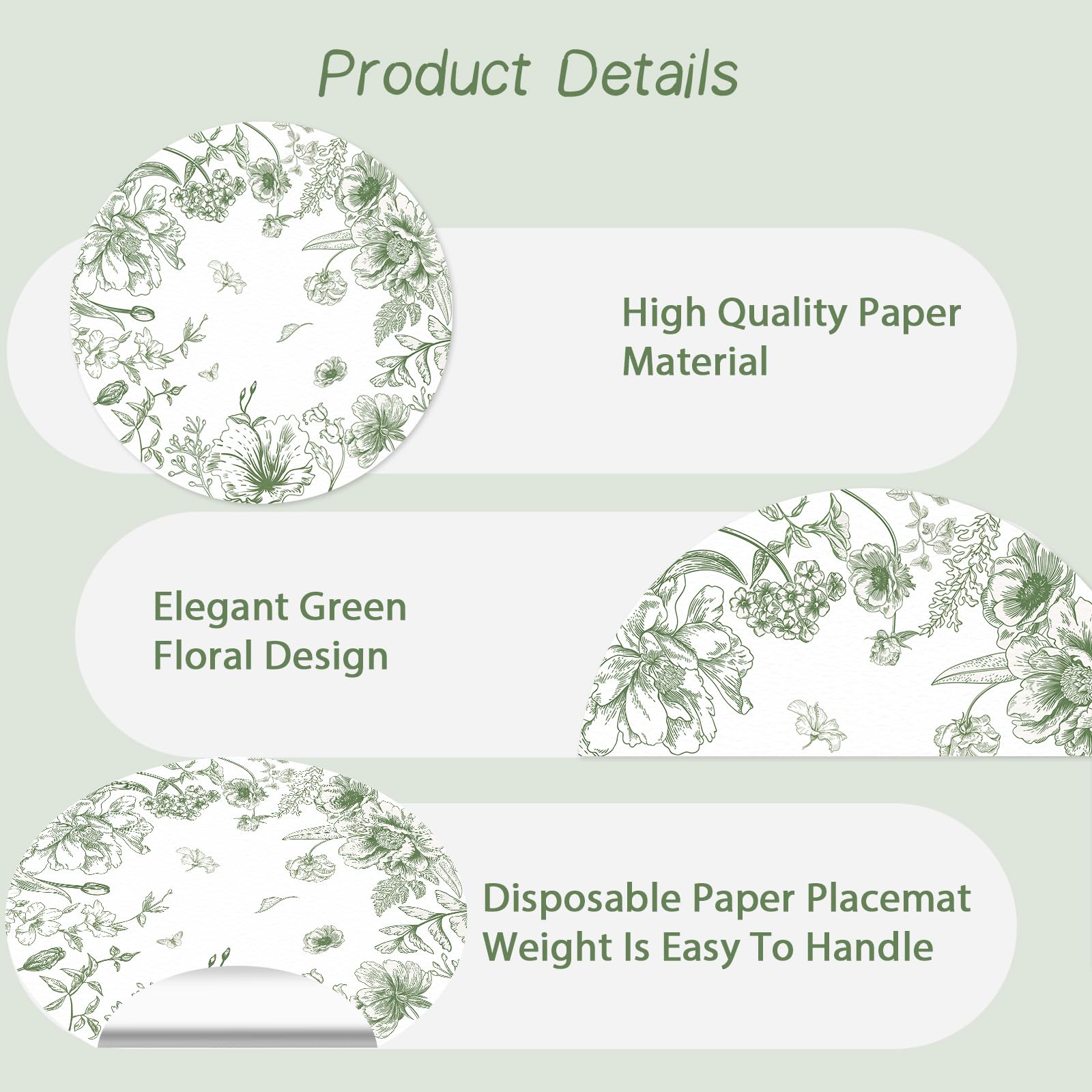 50 Pack Paper Placemats Disposable Green Floral Placemats 13.7 Inch Vintage Sage Green Flower Place Mats Chinoiserie Round Table Mats for Dinner Table Setting Birthday Wedding Party Supplies
