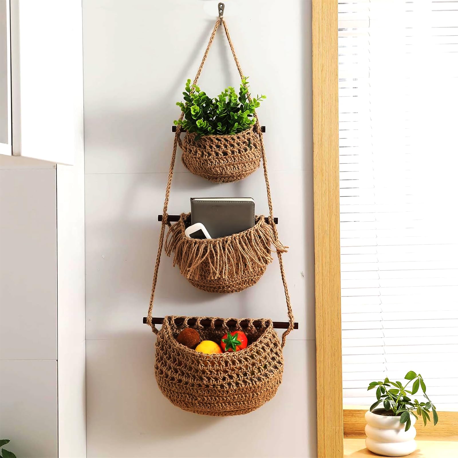 FEISHIONG 3 Tier Cotton Woven Boho Fruit & Veggie Hanging Basket,Wall Mounted Storage Planter for Kitchen,Bedroom & Over the Door Organizer,Eco-Friendly, Durable & Stylish Home Deco