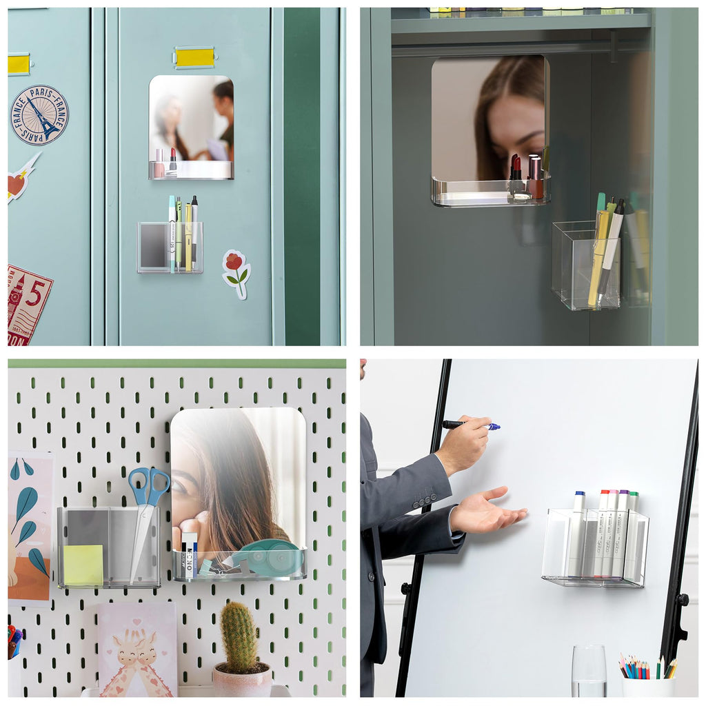NiHome Magnetic Acrylic Locker Accessories Kit, Locker Mirror & Pen Holder Makeup Brush Holder - Eyebrow Stationery Locker Organizer with Mirror for School, Office, Gym Lockers & Home Fridge Use