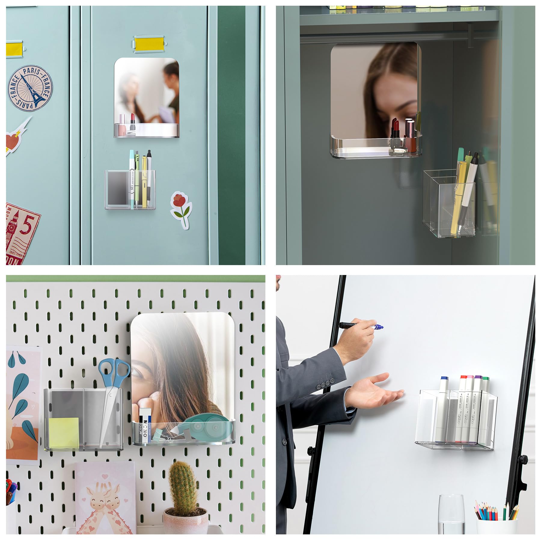 NiHome Magnetic Acrylic Locker Accessories Kit, Locker Mirror & Pen Holder Makeup Brush Holder - Eyebrow Stationery Locker Organizer with Mirror for School, Office, Gym Lockers & Home Fridge Use