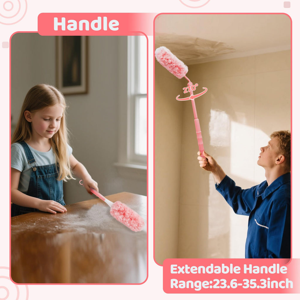 GQIRIL 360° Dusters Refills for Cleaning - 80 Count Disposable Feather Duster Kit with 2 Handles, Multi-Surface Microfiber Feather Dusting Cleaner for Furniture Blinds Windows Ceiling Fans (Pink)