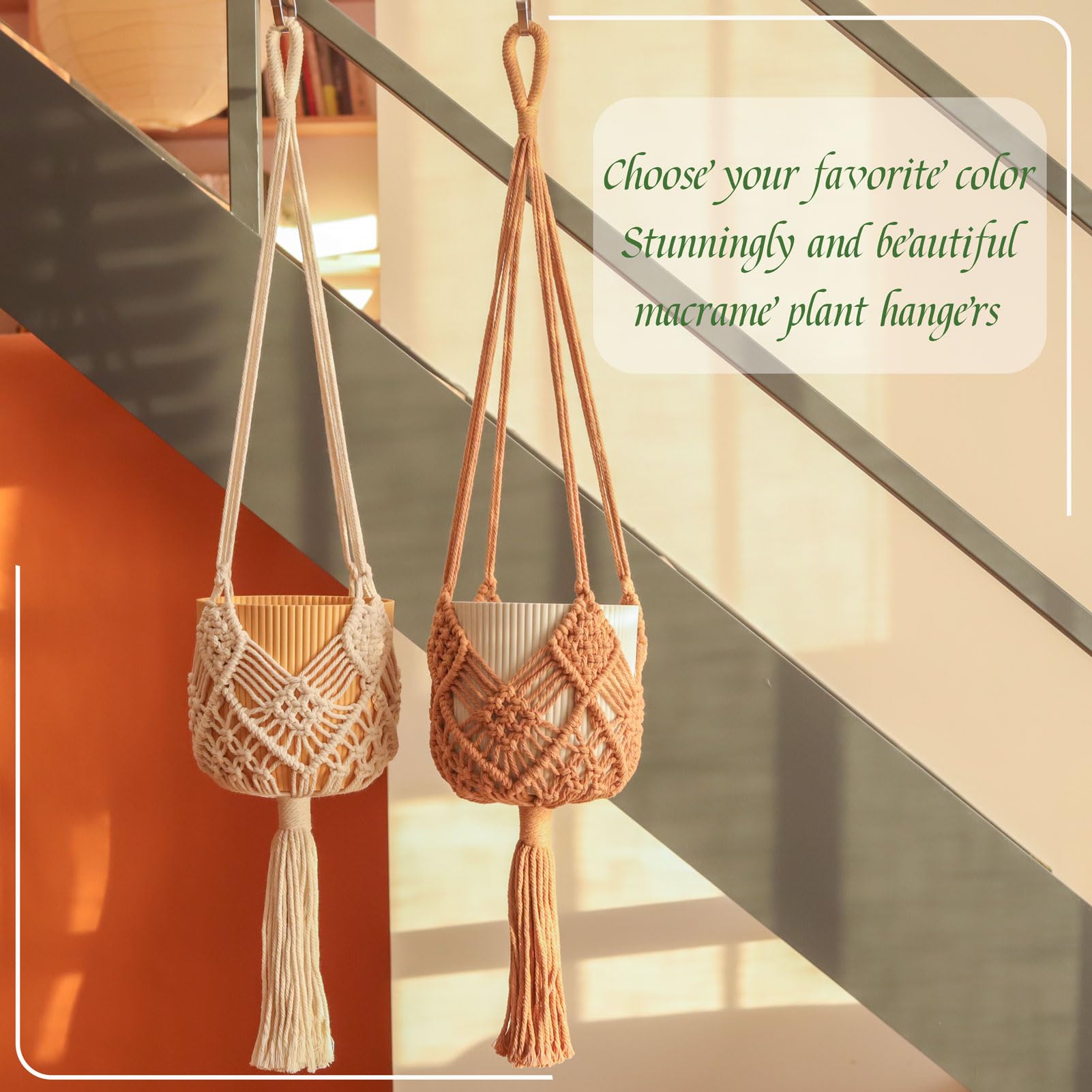 Macrame Plant Hangers Indoor Macrame for up to 8 inch Pot Crochet Boho Plant Hanger Holder for Indoor Outdoor with 2 S Shaped Stainless Steel Hooks (White)