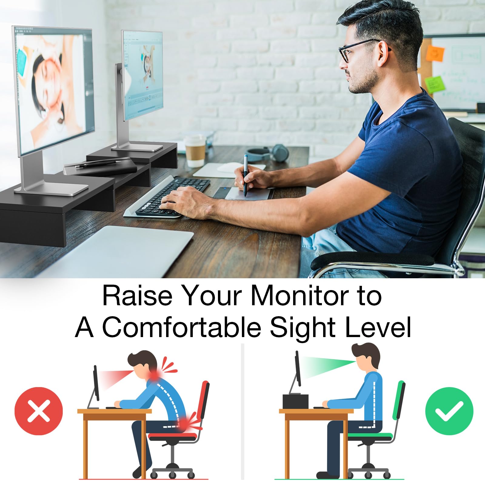 Rfiver Dual Monitor Stand Riser, Adjustable Length (30.7-43.3") & Angle, Large Wooden Desktop Organizer with Storage Shelf for Laptop, Monitors, Home Office Desk, Black