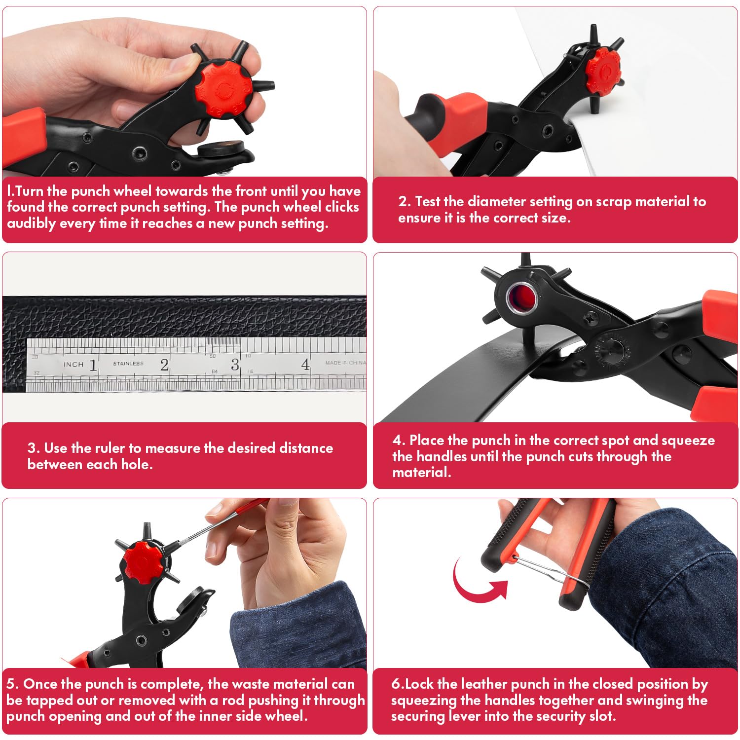 XOOL Revolving Punch Plier Kit, Leather Hole Punch Set for Belts, Watch Bands, Straps, Dog Collars, Saddles, Shoes, Fabric, DIY Home or Craft Projects, Heavy Duty Rotary Puncher, Multi Hole Sizes Make