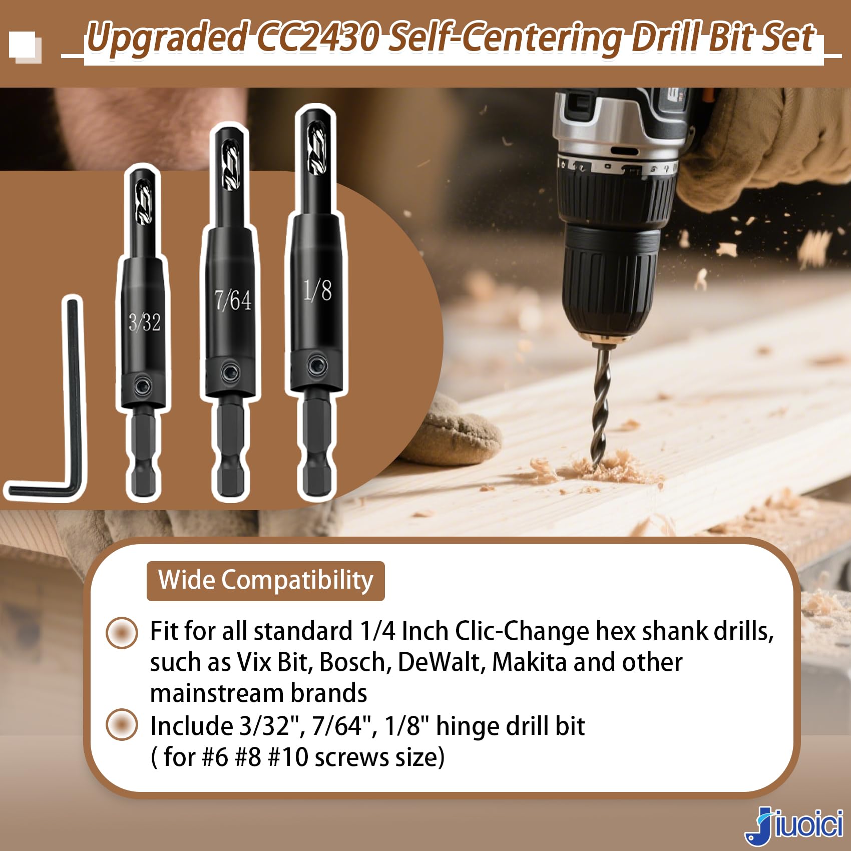 Upgraded Self Centering Hinge Drill Bit Set 3/32", 7/64", 1/8" for 1/4 in VIX Bit Hex Shank Drill, CC2430 for Hinge and Wood, Drill Pilot Holes, Ultra-Hard Steel, High Precision & Durable