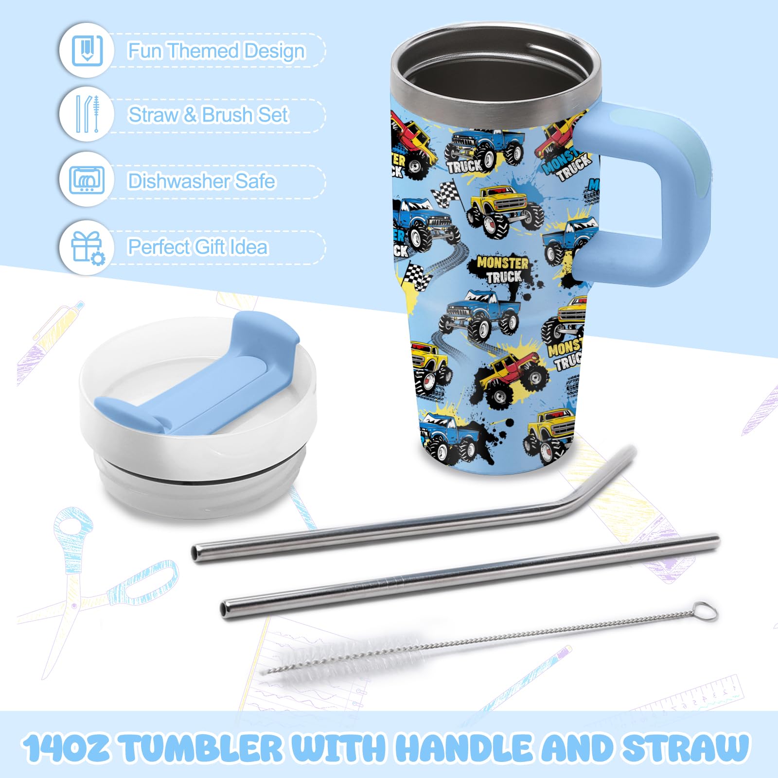 Monster Truck Tumbler with Handle for Kids 14oz, Insulated Stainless Steel Monster Trucks Mug Cup for Boys, Birthday Christmas Gifts for School, Sports