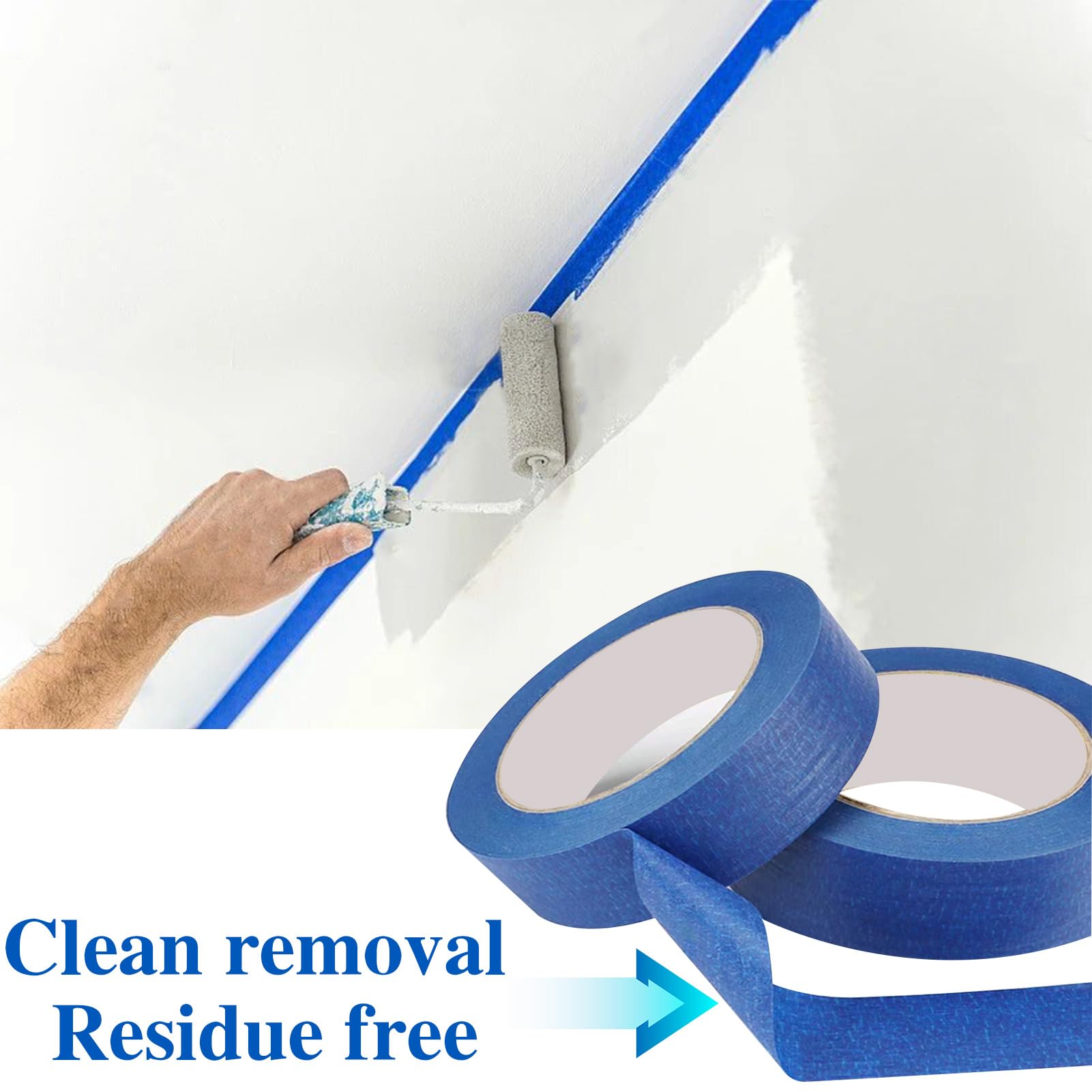 Blue Painters Tape, 6 Packs Painter Tape for General Purpose Use, UV Anti Residue Free, Wall Painting Masking with Sharp Lines for Painting Job, 24mm X 50m X 6 Rolls, 300m in Total.