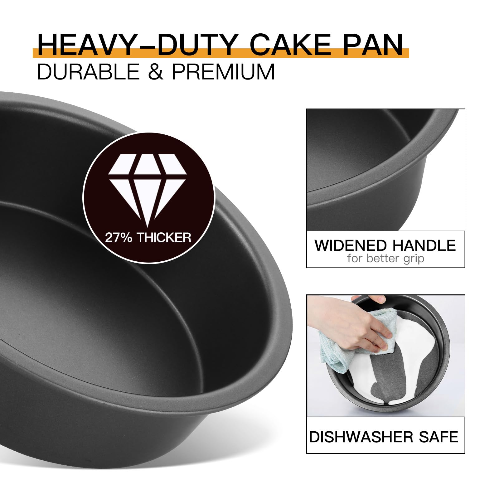 HONGBAKE 8 Inch Round Cake Pan Set for Baking, Nonstick Circle Cake Pans with Wider Grips, 2 Pieces Layer Cake Tin, Cheesecake Mold, Huty Duty, Dishwasher Safe - Grey