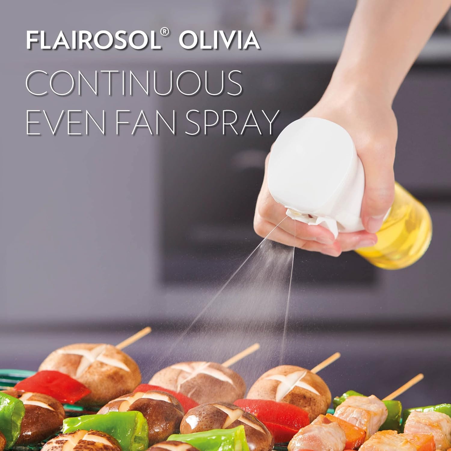 FLAIROSOL OLIVIA. The Original, Oil Sprayer for Cooking, 130ml Olive Oil Mister Spray Bottle, Continuous Spray Bottle for Kitchen, Cooking, Baking, Salad, BBQ (Glass Bottle, White Print)