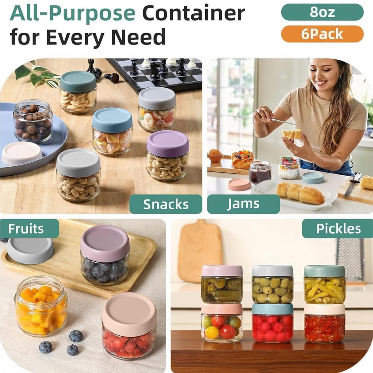 Oillase 6-pack 8oz Glass jars with Airtight Lids, Overnight Oats Containers with Lids, Wide mouth Mason Salad jars, Glass Food Storage Containers for Snacks Yogurt Spice Sugar