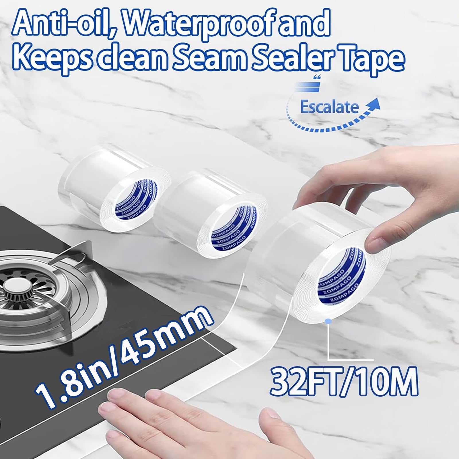 ZOMPAGO 0.5mm Clear Acrylic Sealing Tape, 45mm x 10m Low-Temperature Resistant, Strong Water-Tight Adhesion, Invisible Kitchen Seal, Residue-Free,