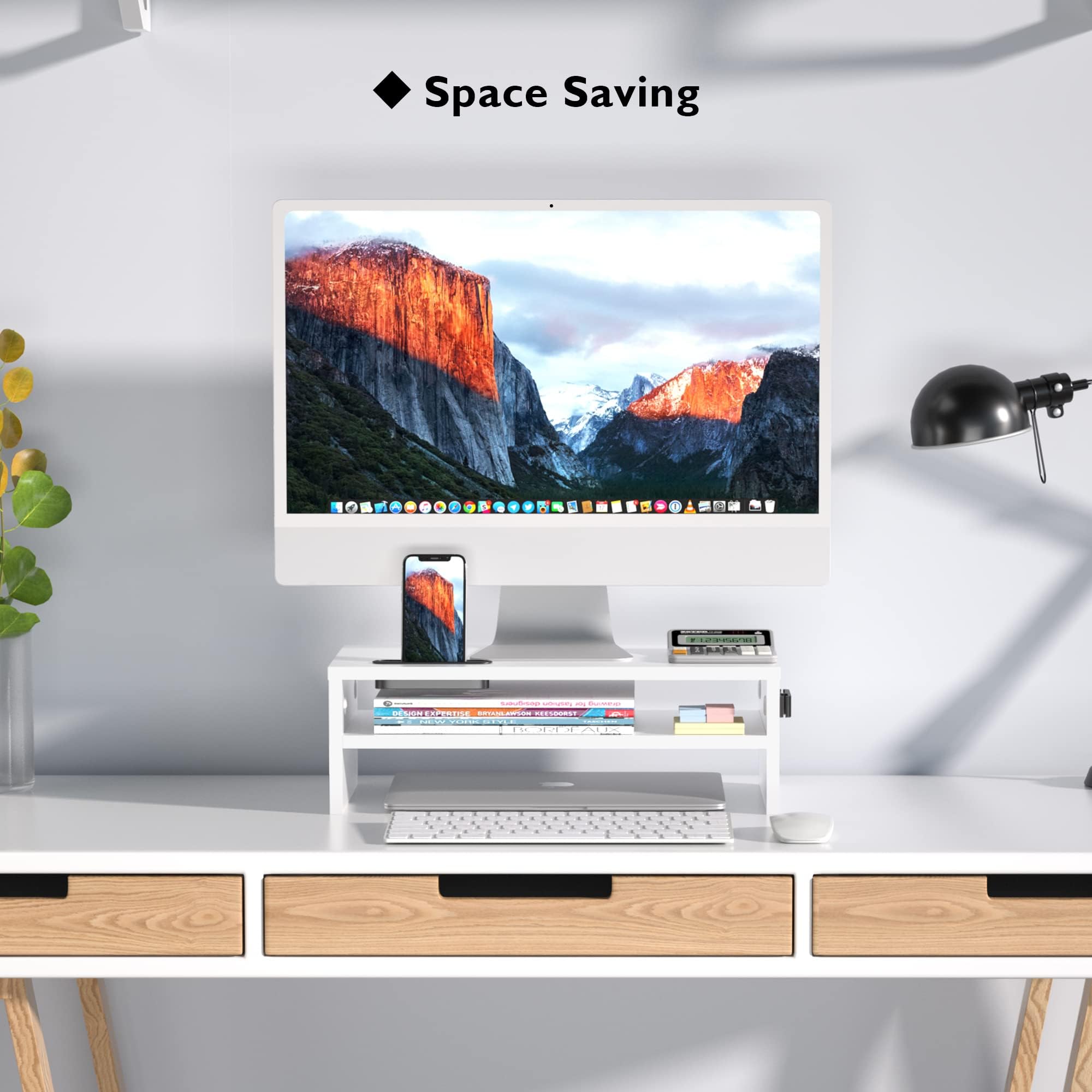 BONTEC Wood Monitor Stand Riser, Desk Monitor Stand with Smartphone Holder, Ergonomic Laptop Stand with Cable Management for Computer, Notebook, PC, 2 Tiers White,16.5 Inch