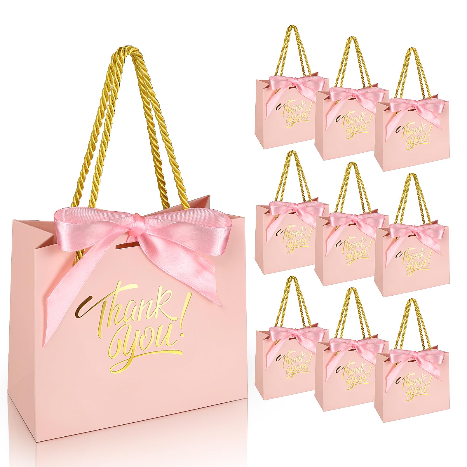 EQOREIIN 30 Pack Thank You Gift Bags with Handles 5.5 x 2.4 x 4.7 Inches Small Gift Bags with Bow Ribbon Party Favor Bags Paper Gift Bags Bulk for Baby Shower, Wedding, Party Favor, Birthday, Celebration(Pink)