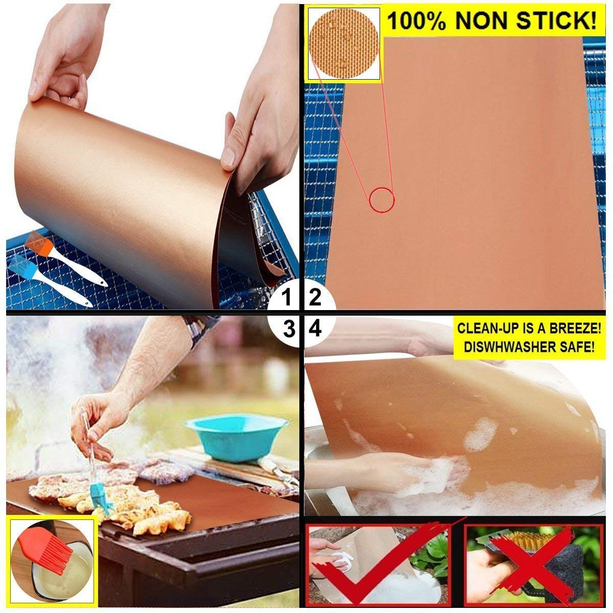 Kibon BBQ Grill Mat Oven Liner Charcoal BBQ Copper Grilling Mats 100% Non Stick Teflon Sheet,Oven Sheet Reusable, FDA-Approved & Easy to Clean for Electric Grill, Gas, Microwave, Charcoal and Toaster Oven 15.7 x 13 Inch (5 PCS)