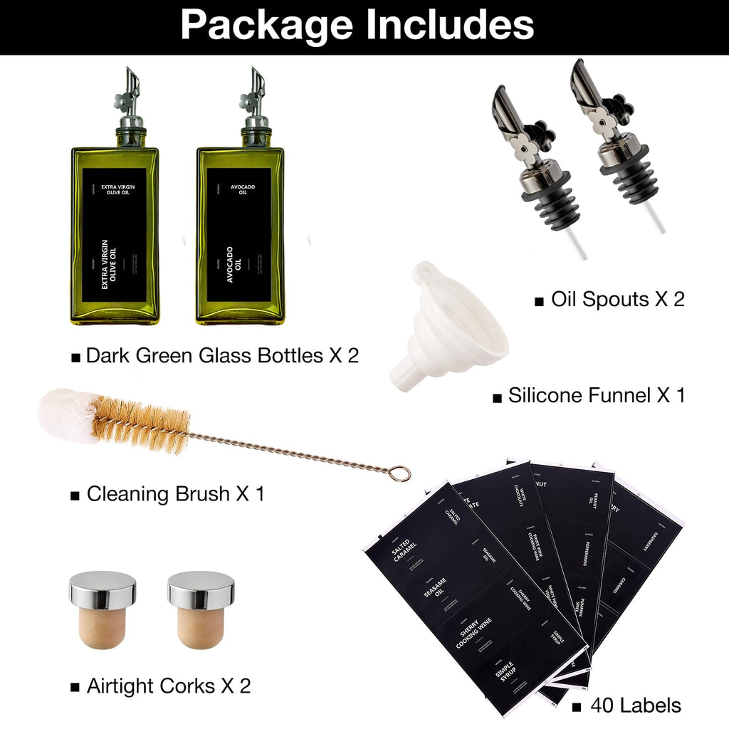 Olive Oil Dispenser Bottle for Kitchen, 16.9oz /500ml Cooking Vinegar Dispenser Bottle Set, Glass Sauce Container, Labels, Brush, Funnel, Stoppers, Green for Oil, Wine