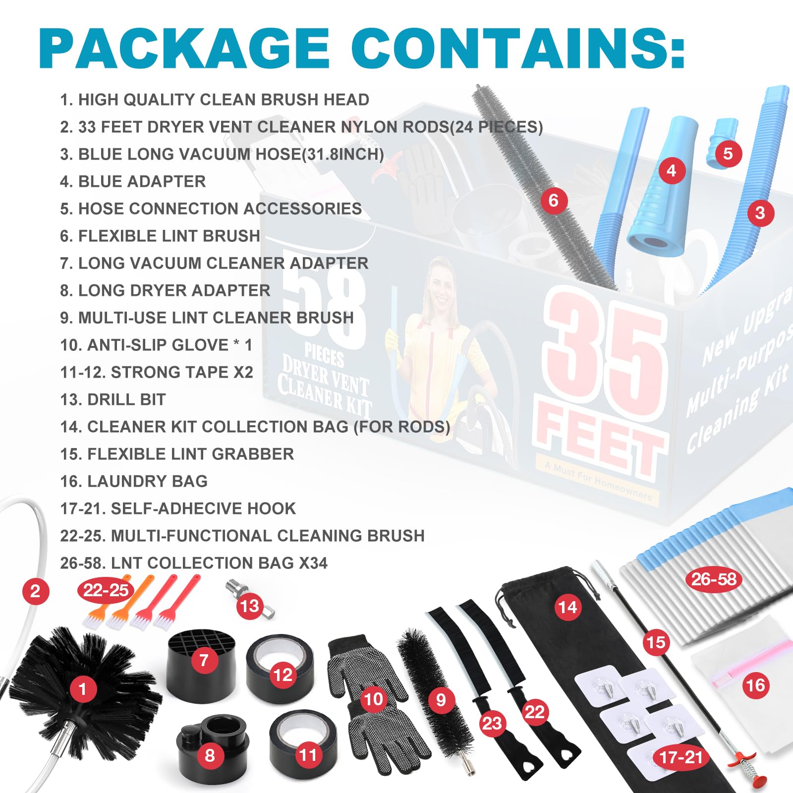 Sealegend 58-Piece Dryer Vent Cleaning Kit Omnidirectional Cleaner Include 35 Feet Dryer Vent Brush Blue Dryer Vacuum Attachment Lint Brush Vacuum&Dryer Adapter