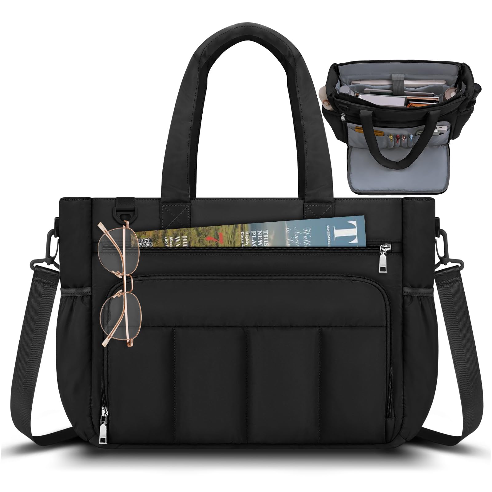 RAINSMORE Teacher Puffer Tote Bag for Women 15.6 inch Laptop Bag Waterproof Nurse Bag with Insulated Pocket for Work College
