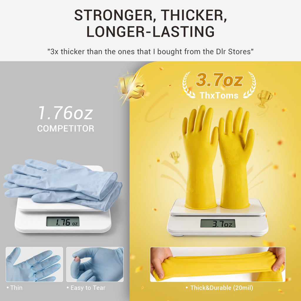ThxToms 10 Pairs Rubber Cleaning Gloves, Reusable Household Dishwashing Gloves for Women Men, Kitchen and Bathroom Cleaning, Gardening, Pet Care, Extra Thickness, 20 Mil, 13", Heavy Duty, Non-Slip, M