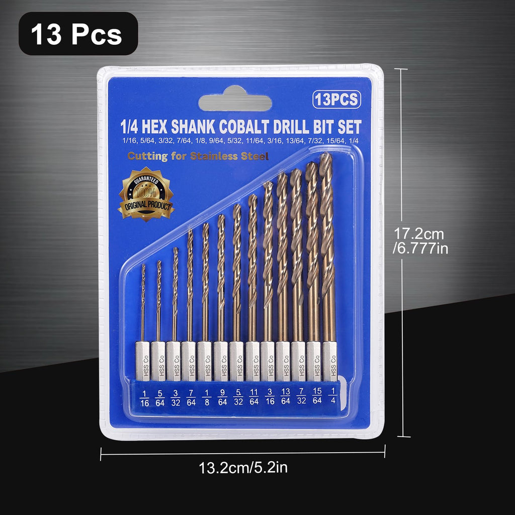 Sinyeenglon Cobalt Drill Bit Set for Hardened Metal and Stainless Steel, 13Pcs 1/16" -1/4" M35 HSS Hex Shank Impact Drill Bits, with Index Holder