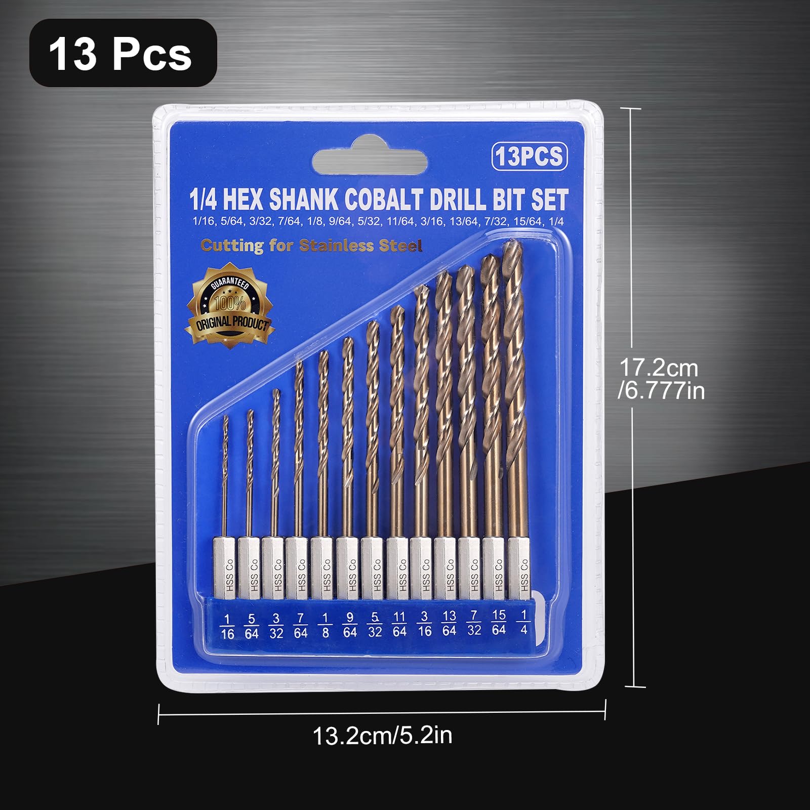 Sinyeenglon Cobalt Drill Bit Set for Hardened Metal and Stainless Steel, 13Pcs 1/16" -1/4" M35 HSS Hex Shank Impact Drill Bits, with Index Holder