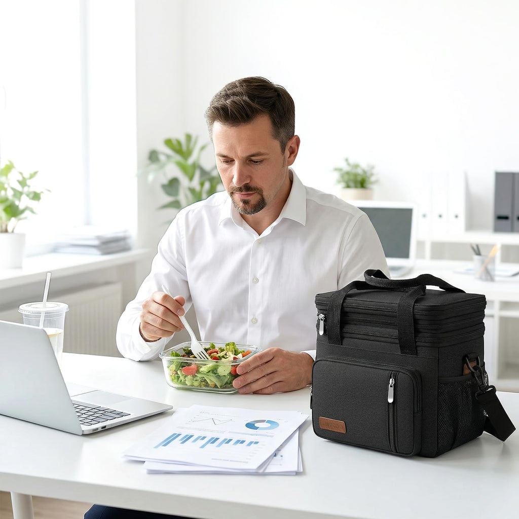 Lunch Bag for Women Men Double Deck Lunch Box - Leakproof Insulated Soft Large Lunch Cooler Bag, MIYCOO (Black,15L)