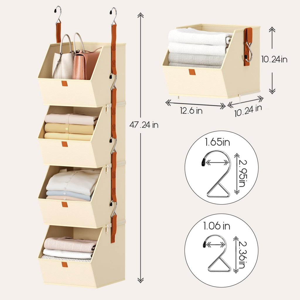 DIMJ Hanging Closet Organizer 4 Tier - Detachable Clothes Shelf Storage Modular Closet System, Fabric Storage Bins Bedroom Organization, Collapsible Baskets for Home, Dorm, Rv - Beige