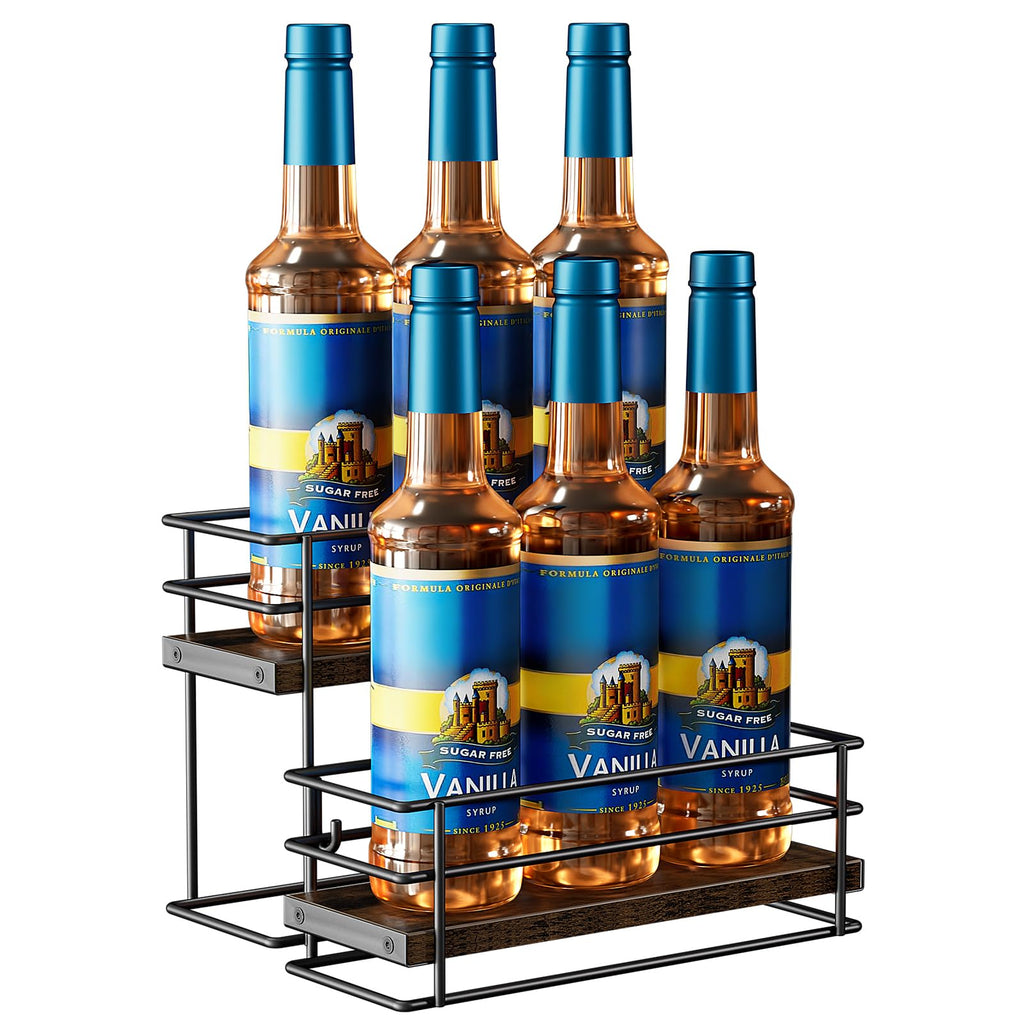 Nuovoware Coffee Syrup Organizer, 2-Tier 6 Bottles Separable Metal Rack with Wooden Base Whiskey Wine Dressing for Countertop Kitchen Bar, Black