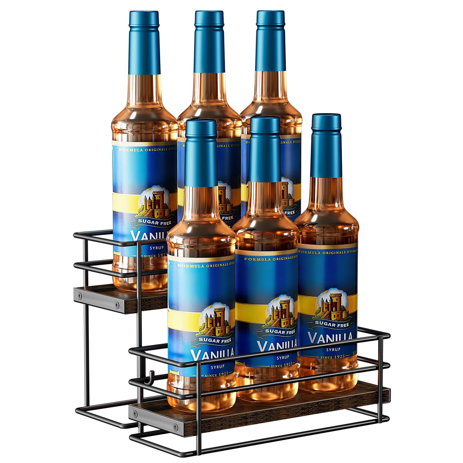 Nuovoware Coffee Syrup Organizer, 2-Tier 6 Bottles Separable Metal Rack with Wooden Base Whiskey Wine Dressing for Countertop Kitchen Bar, Black