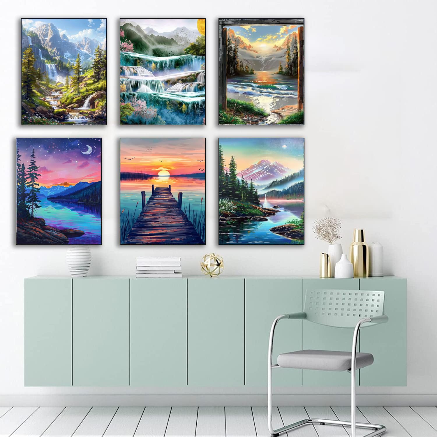 EWJRNSF 6 Pack 5D Diamond Painting Kits for Adults, Diamond Art Kits for Beginners of All Ages, Round Full Drill Painting by Numbers Crafts Home Wall Decor 12 x 16 Inches Landscape