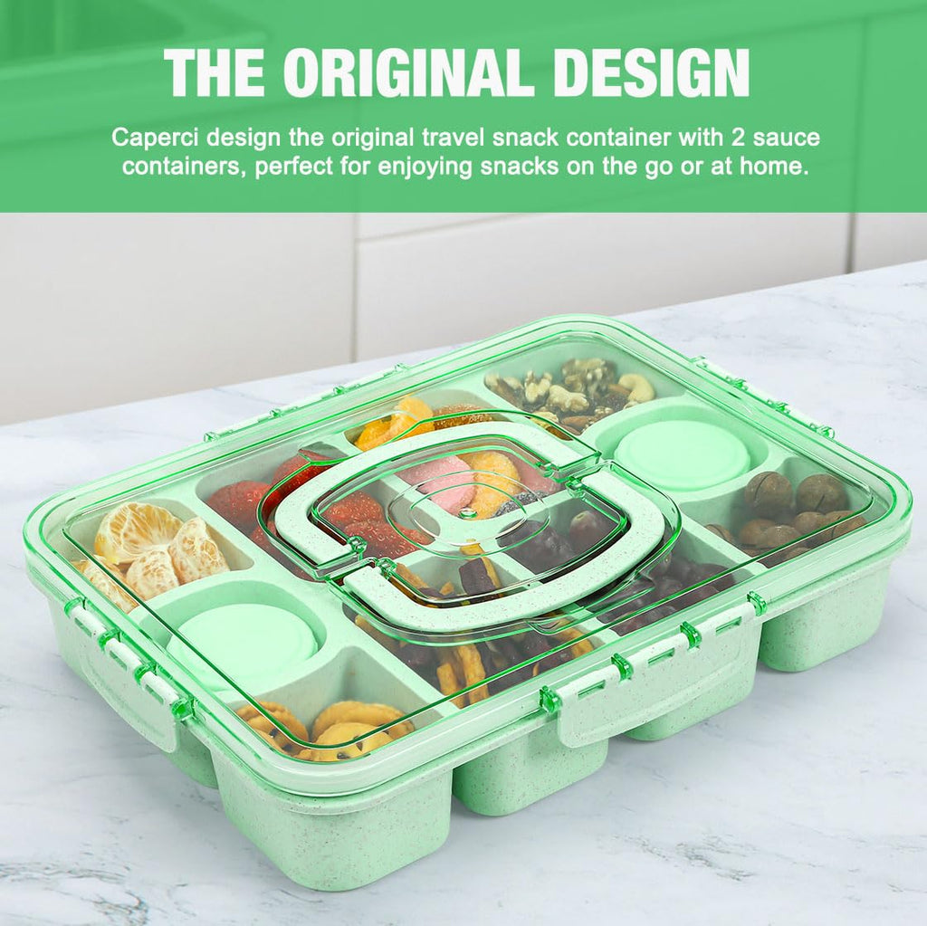 Caperci Large Snack Box Container - 10-Compartment Divided Serving Tray with Lid and Handle & 2 Dip Containers, Dishwasher Safe, Leak-Proof, Wheat Straw, BPA-Free (Green)