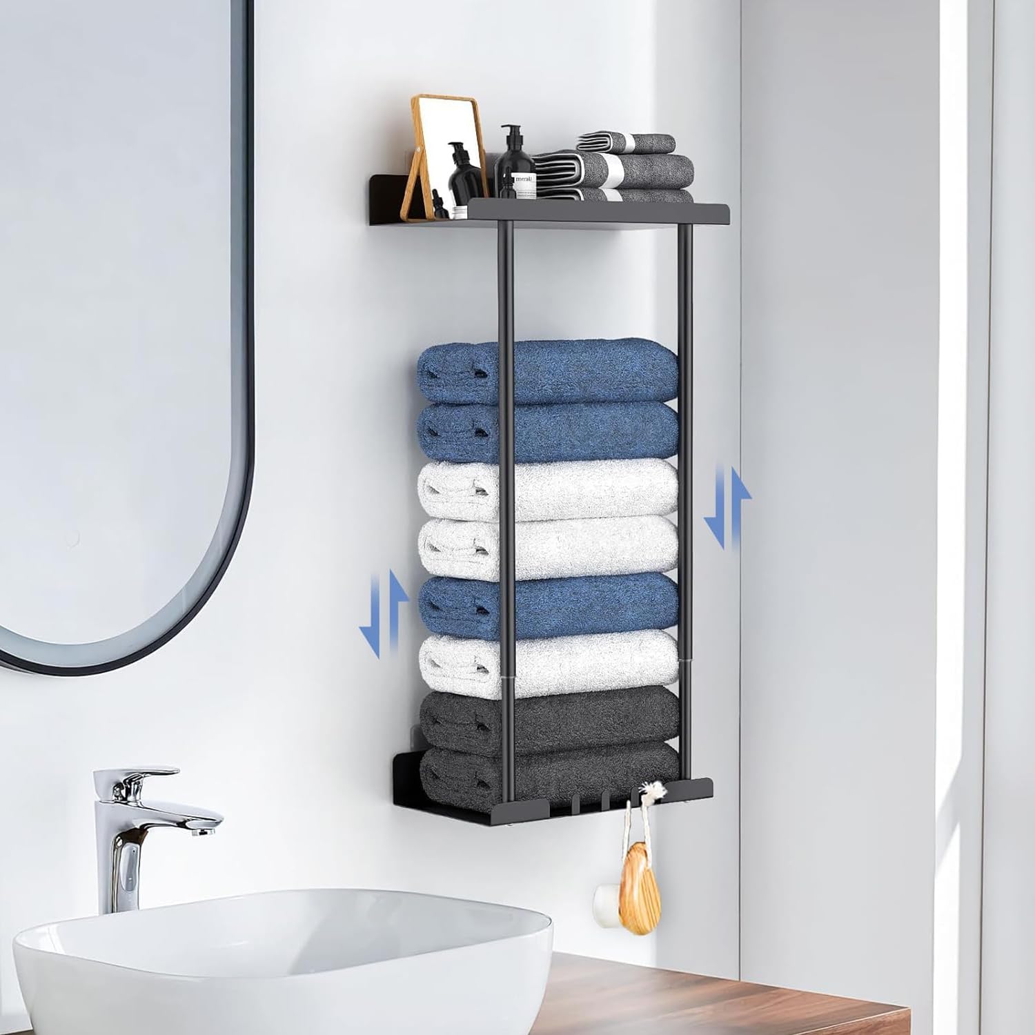 Towel Racks for Bathroom, No Drilling Towel Holder Towel Rack, Towel Storage Wall Mounted, Adjustable Towel Rack Bathroom Storage, Bathroom Towel Shelf for Rolled or Folded Towels, Black