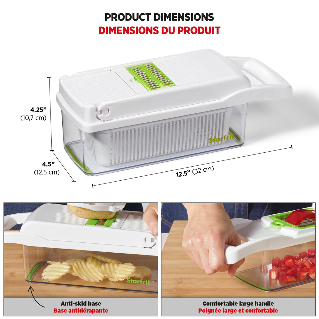 Starfrit Veggie Chopper Dicer Grater Slicer – 15-PC - 7 Interchangeable Blades - 9 Functions - Onion Chopper, Potato Slicer, Carrot Grater, Ginger Grater - Draining Basket and Container