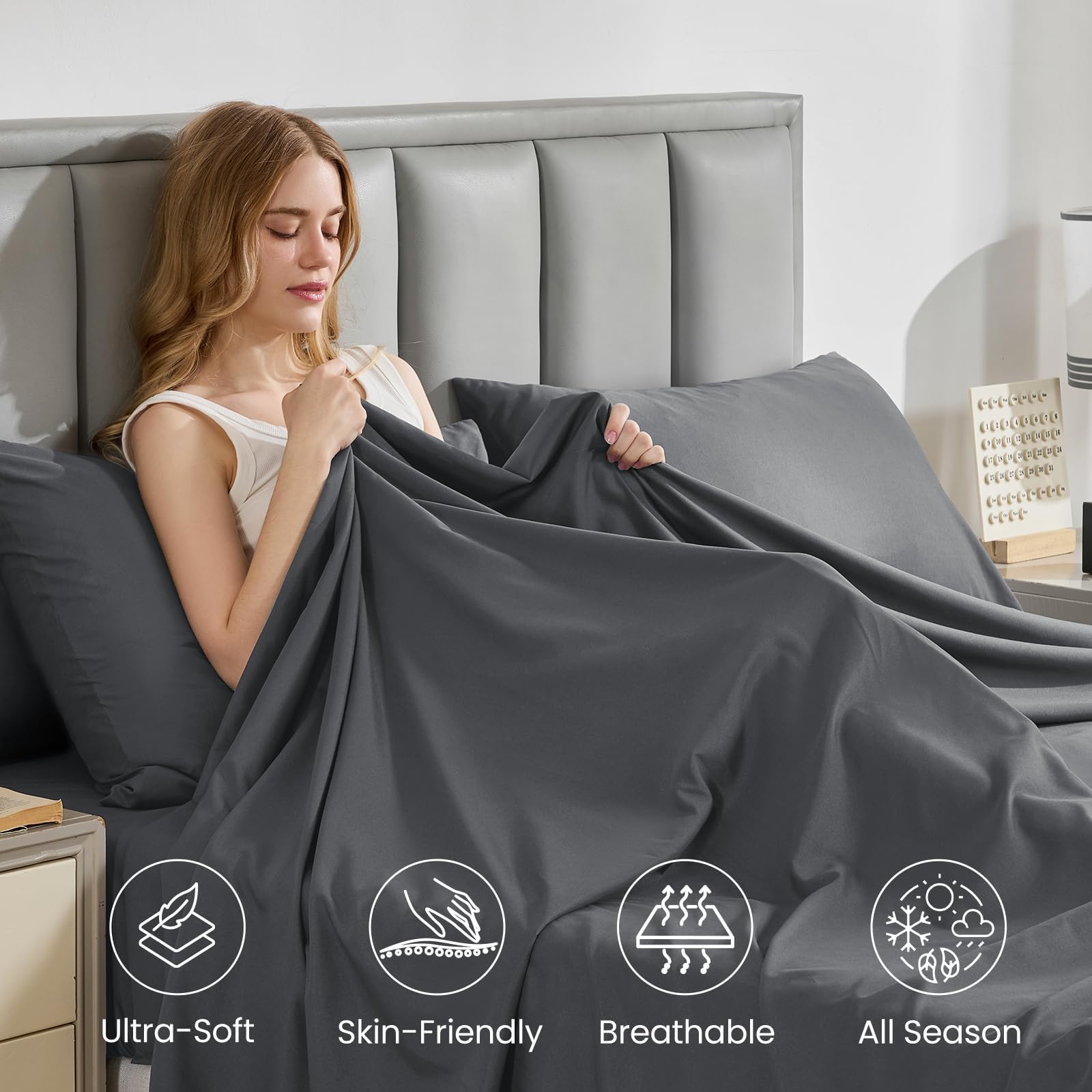 JOLLYVOGUE Queen Size Bed Sheet Set - 4 Piece Bed Sheets Set with Deep Pocket - Soft Breathable & Cooling - Resists Shrinkage & Fading Draps Queen - Easy Care (Dark Grey)