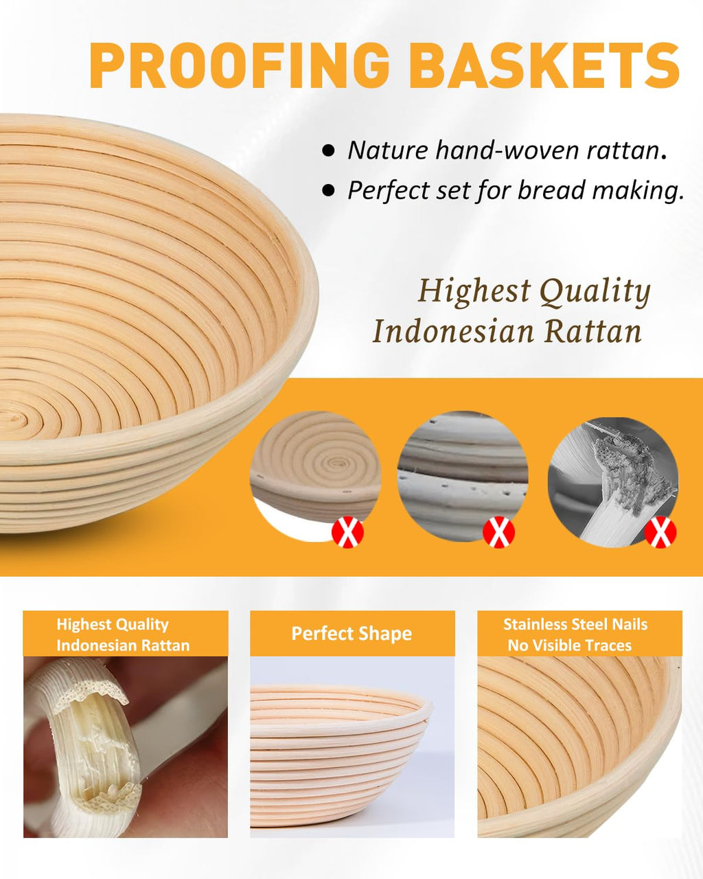 Banneton Bread Proofing Basket, Proofing Basket for Sourdough Bread Baking, Indonesian Rattan Bread Bowl Sourdough bread Baking Supplies with Linen Liner (9" Round + 10" Oval)