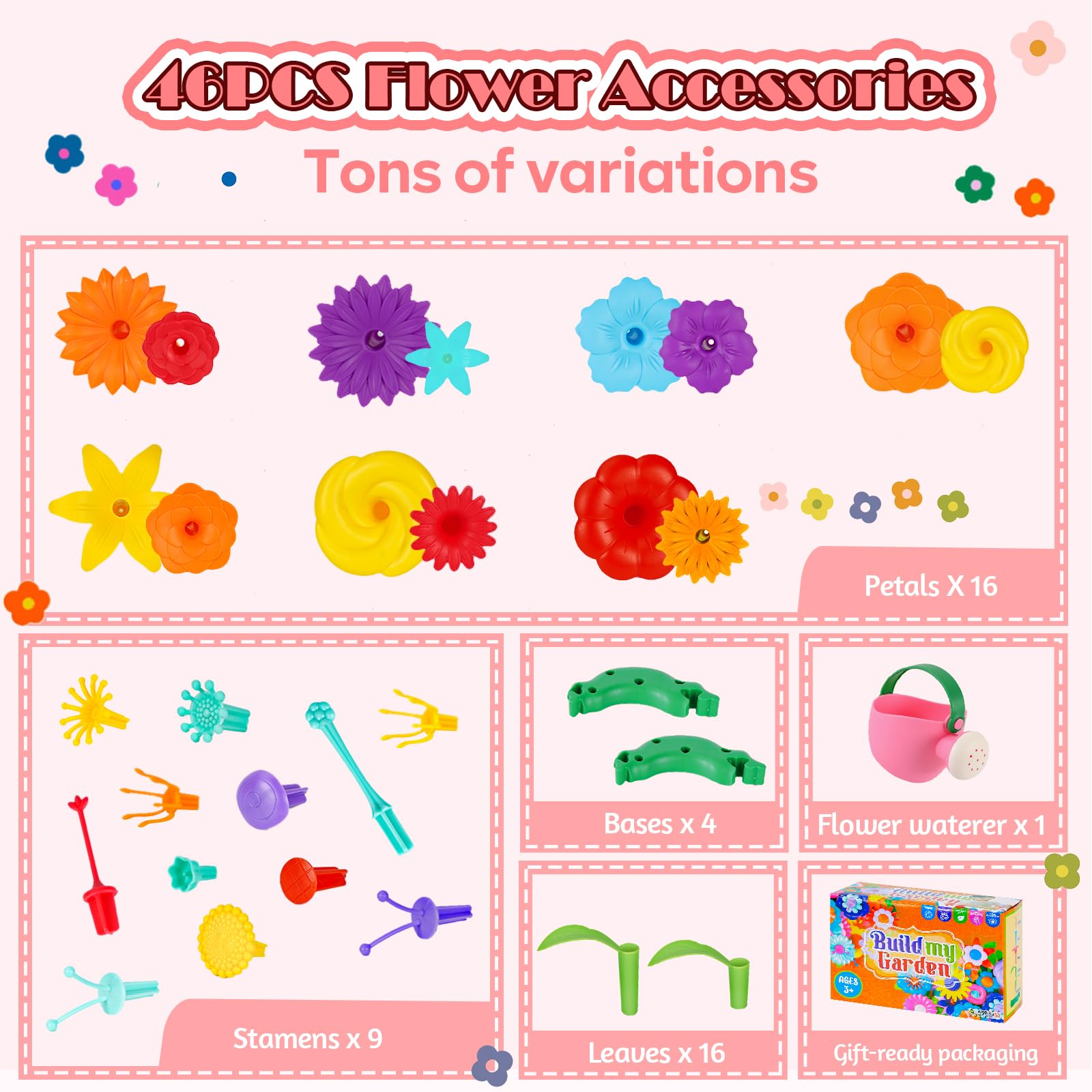 Flower Toy Garden Building Toys -46PCS Flower Building Set STEM Montessori Educational Toy for Toddler Kids, Sorting & Stacking Spring Gardening Set Birthday Gifts for Age 2 3 4 5 Years Old Girls