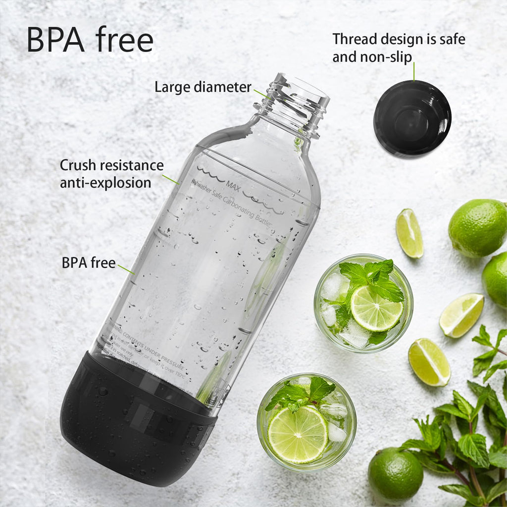 Mycket Soda Maker Bottles, 2 Pack Dishwasher-Safe Bottles for Water Carbonation Bottles, 1 Litre BPA Free Reusable PET Sparkling Water Bottles for Soda Machine, Black