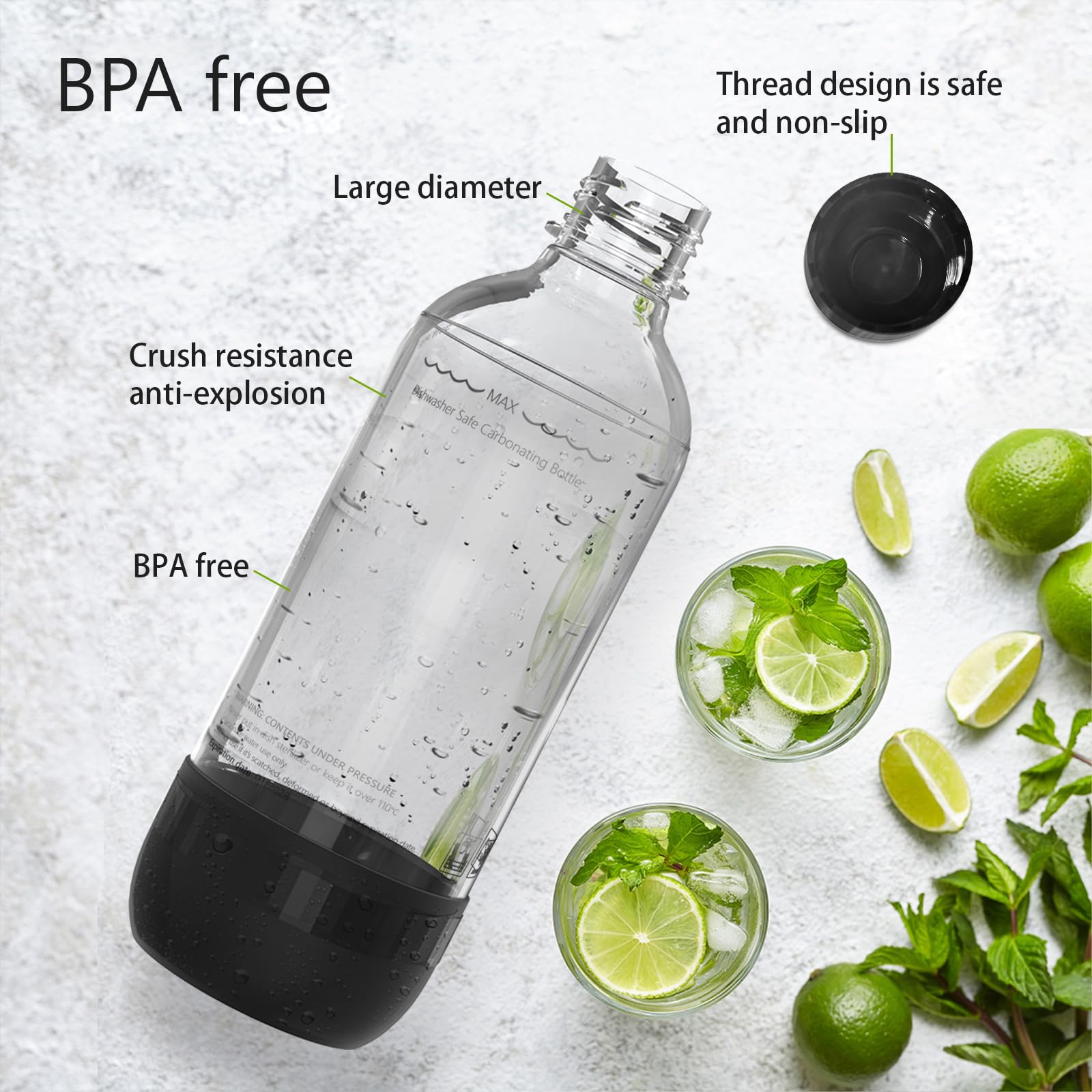 Mycket Soda Maker Bottles, 2 Pack Dishwasher-Safe Bottles for Water Carbonation Bottles, 1 Litre BPA Free Reusable PET Sparkling Water Bottles for Soda Machine, Black
