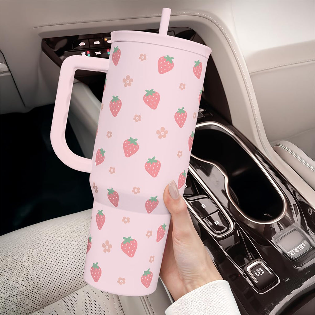 SANDJEST Strawberry Tumbler with Handle 40oz – Insulated Stainless Steel Travel Coffee Mug Cup for Girls Women, Gift for Christmas, Birthday