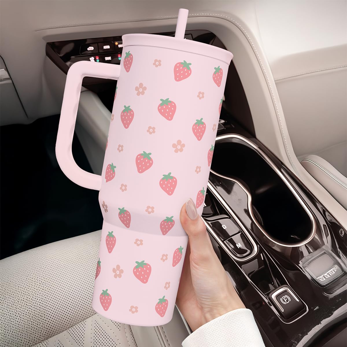 SANDJEST Strawberry Tumbler with Handle 40oz – Insulated Stainless Steel Travel Coffee Mug Cup for Girls Women, Gift for Christmas, Birthday