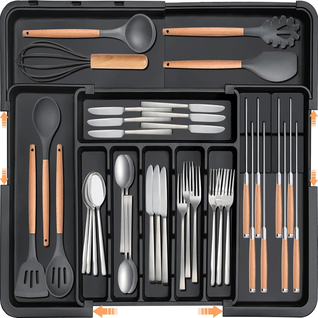 Oillase Silverware Organizer - Expandable Large Kitchen Drawer Organizer Utensil Organizer with 2 Removable Knife Blocks, 22"x 19"Cutlery Tray Drawer Dividers for Kitchen Flatware(6-9 Slots) (Black)