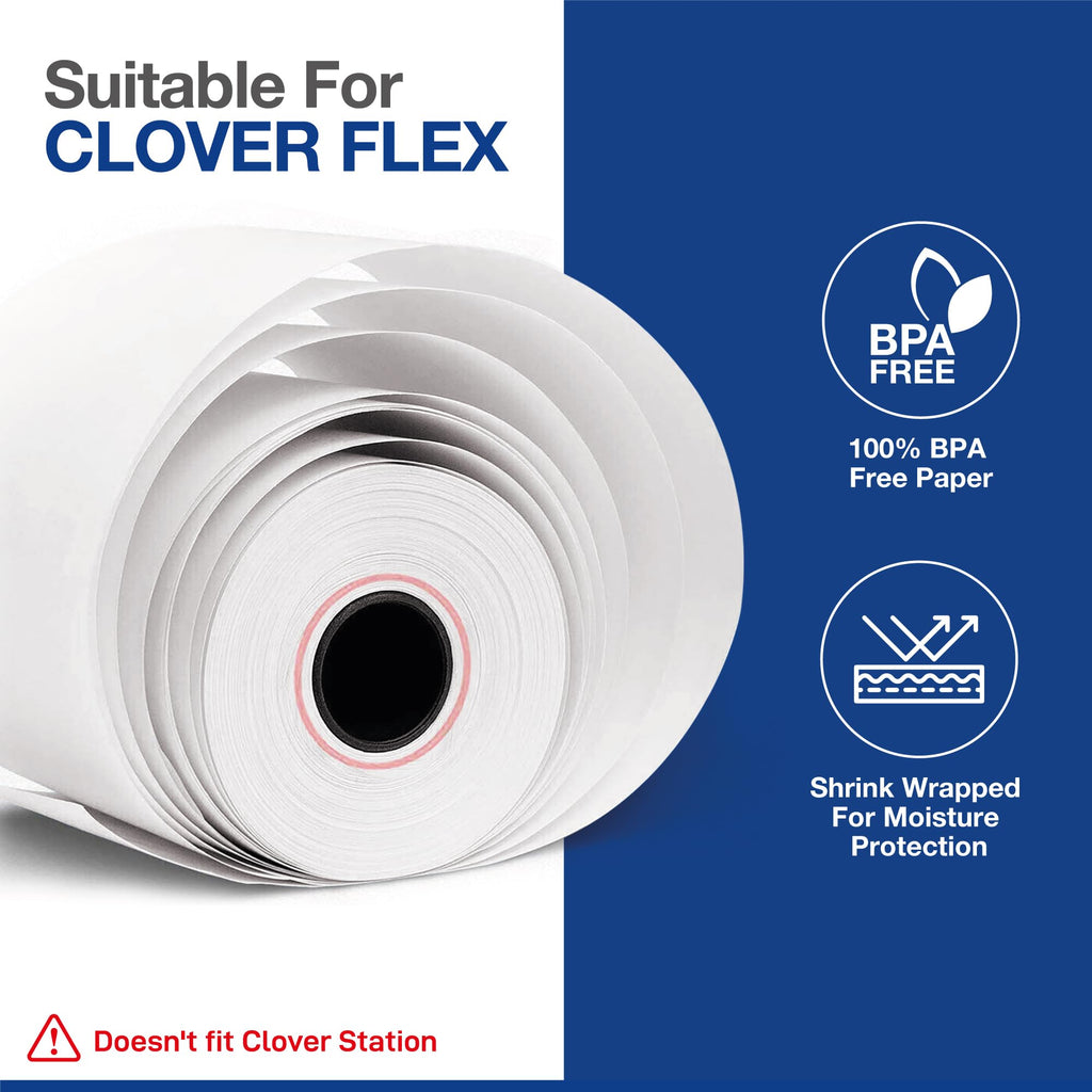 Clover Flex Paper Rolls - 10 Rolls - 2 1/4'’ x 50’- 48 GSM - Clover Flex Receipt Paper Compatible for C401, C403, C405 and C406 POS Machines - BPA Free Material